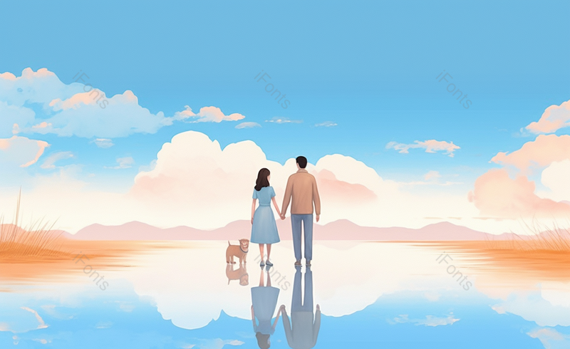 男女浪漫牵手小狗背影卡通手绘场景,插画/手绘图,插画/手绘图库,插画/手绘图下载,插画/手绘